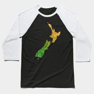 Colorful mandala art map of New Zealand with text in green and orange Baseball T-Shirt